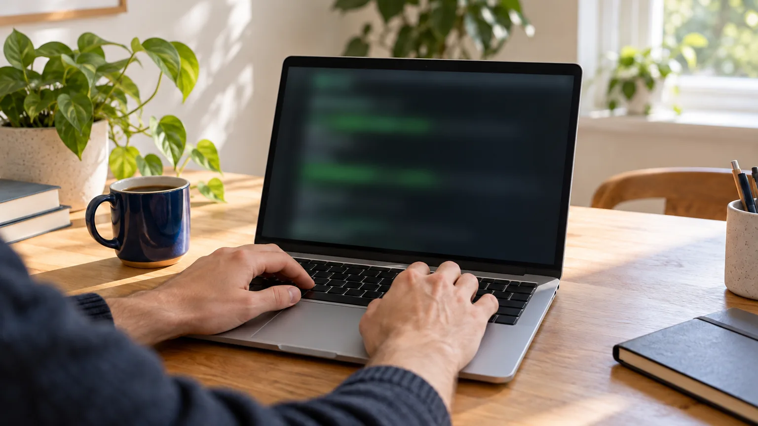 Hands type on a silver laptop with a blurred dark screen at a sunlit wooden desk beside a navy mug and plants.
