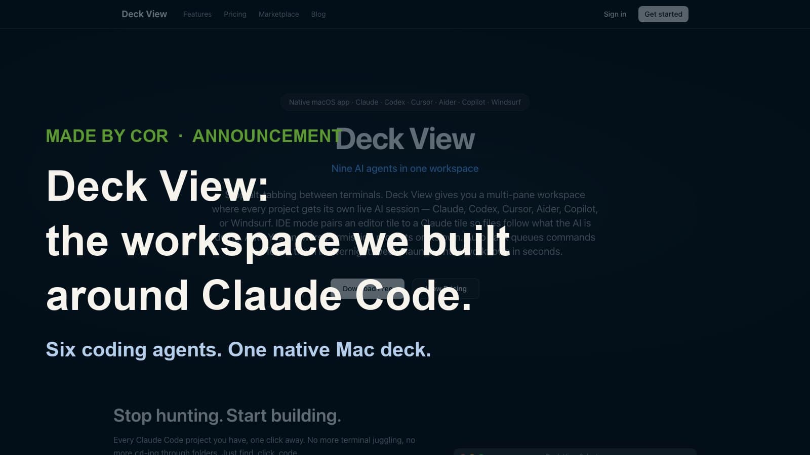 The Deck View website behind a navy overlay with the headline "Deck View: the workspace we built around Claude Code".