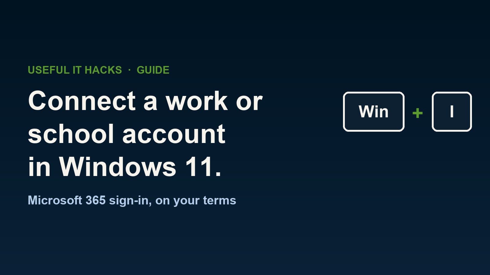Navy graphic with the headline "Connect a work or school account in Windows 11" and Windows plus I keyboard keys.