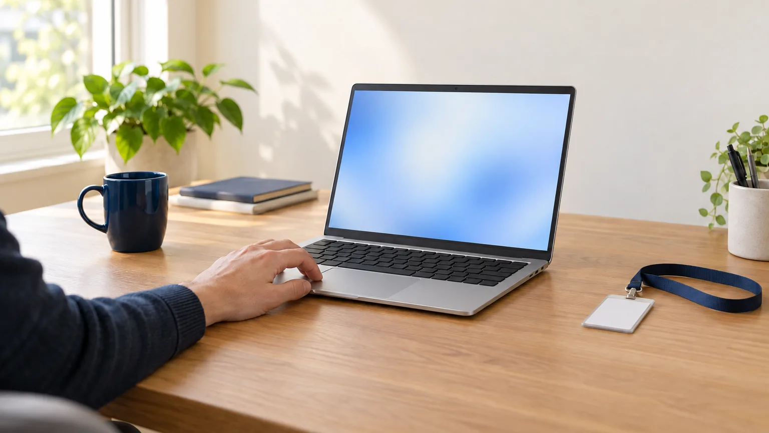 A person uses a silver laptop with a softly glowing blue screen beside a blank work badge and a navy mug.