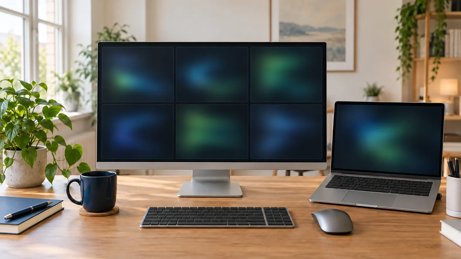 A desktop monitor displays six abstract dark panes beside a silver laptop, a keyboard and a navy mug in a sunlit office.