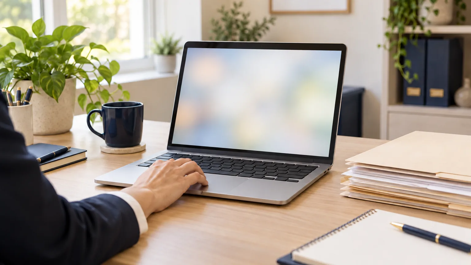 A hand on a silver laptop's trackpad beside a stack of cream client folders in a bright office.