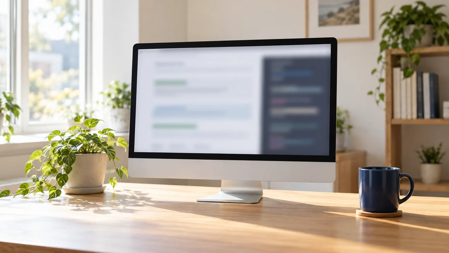A desktop monitor displays blurred website and code panels on a wooden desk beside a plant and a navy mug.