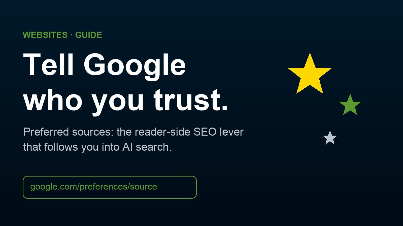 Navy graphic reading "Tell Google who you trust" with gold and green stars and the address google.com/preferences/source.