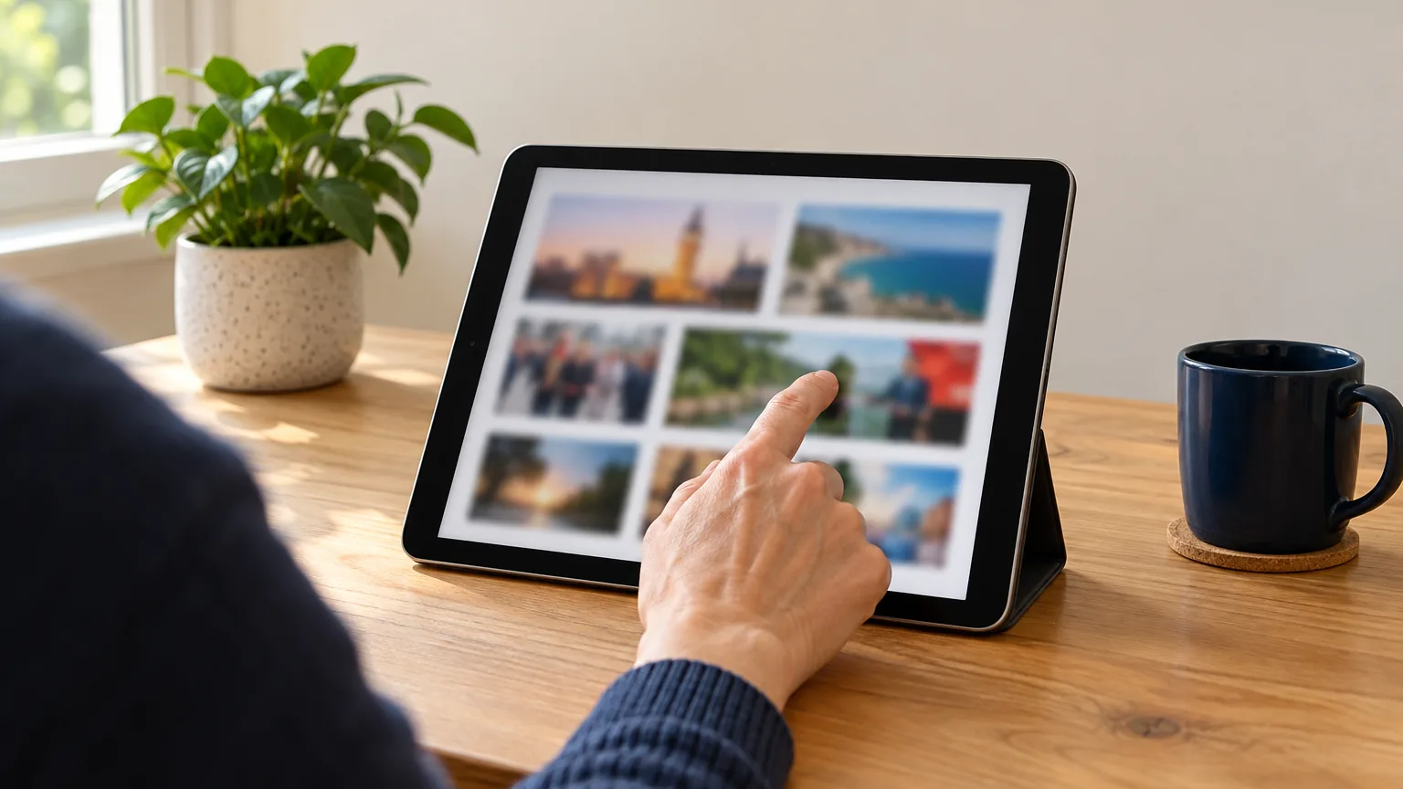 A reader touches a tablet displaying blurred news photographs beside a navy mug and a plant on a sunlit wooden desk.