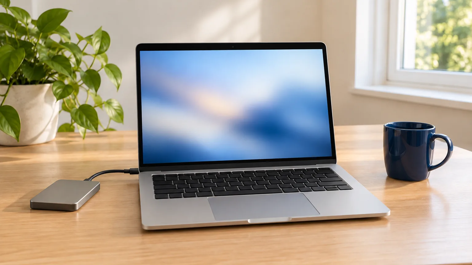 A silver laptop connected to an external drive beside a navy mug on a sunlit wooden desk.