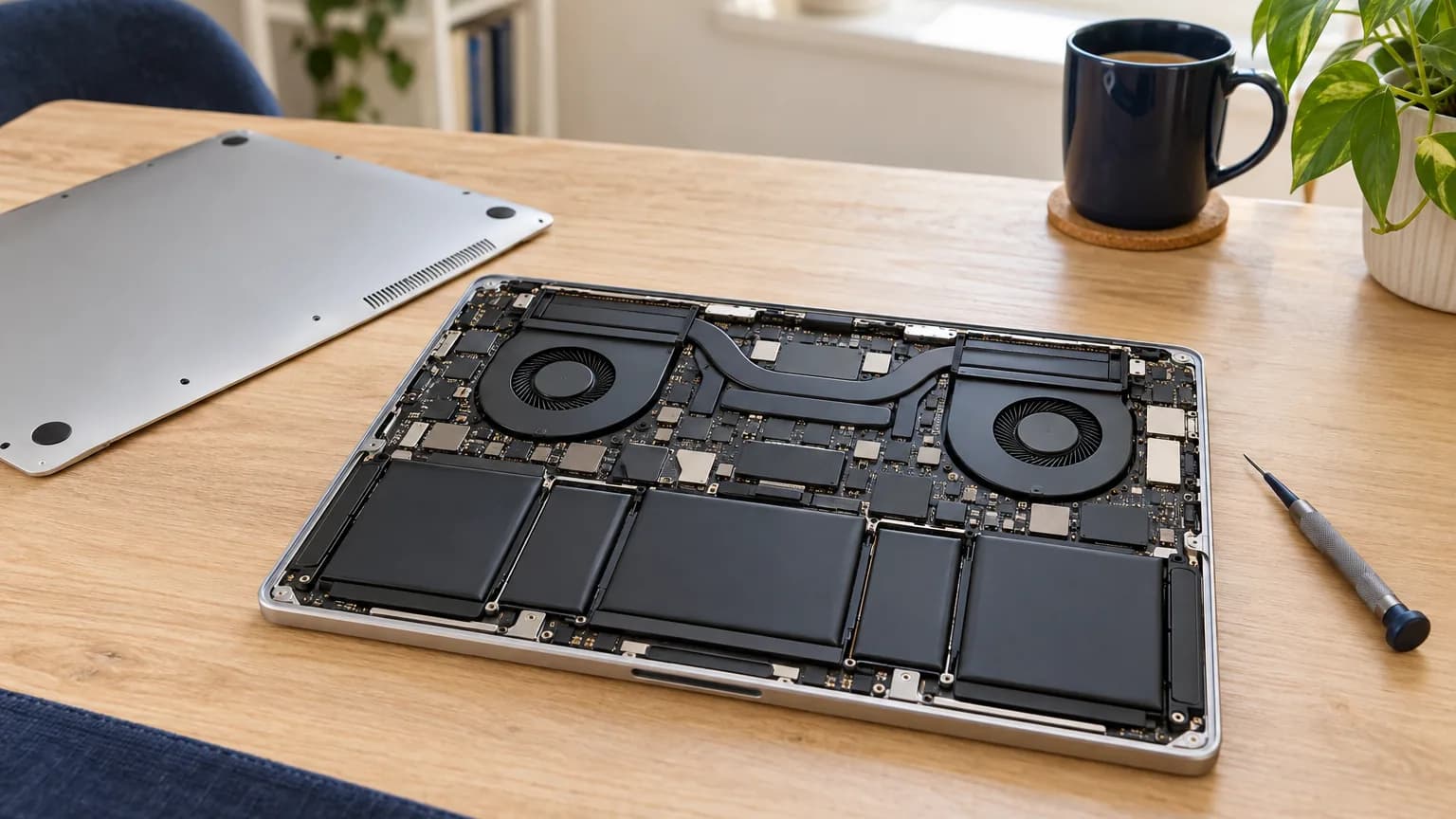 A silver laptop with its bottom cover removed, exposing two cooling fans beside a precision screwdriver.