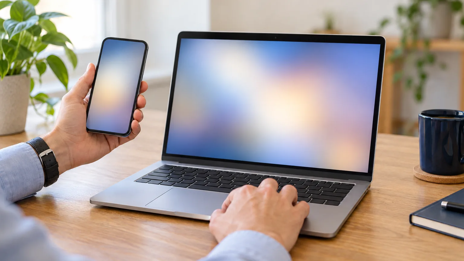An office worker holds a smartphone beside an open laptop with blurred screens on a wooden desk.