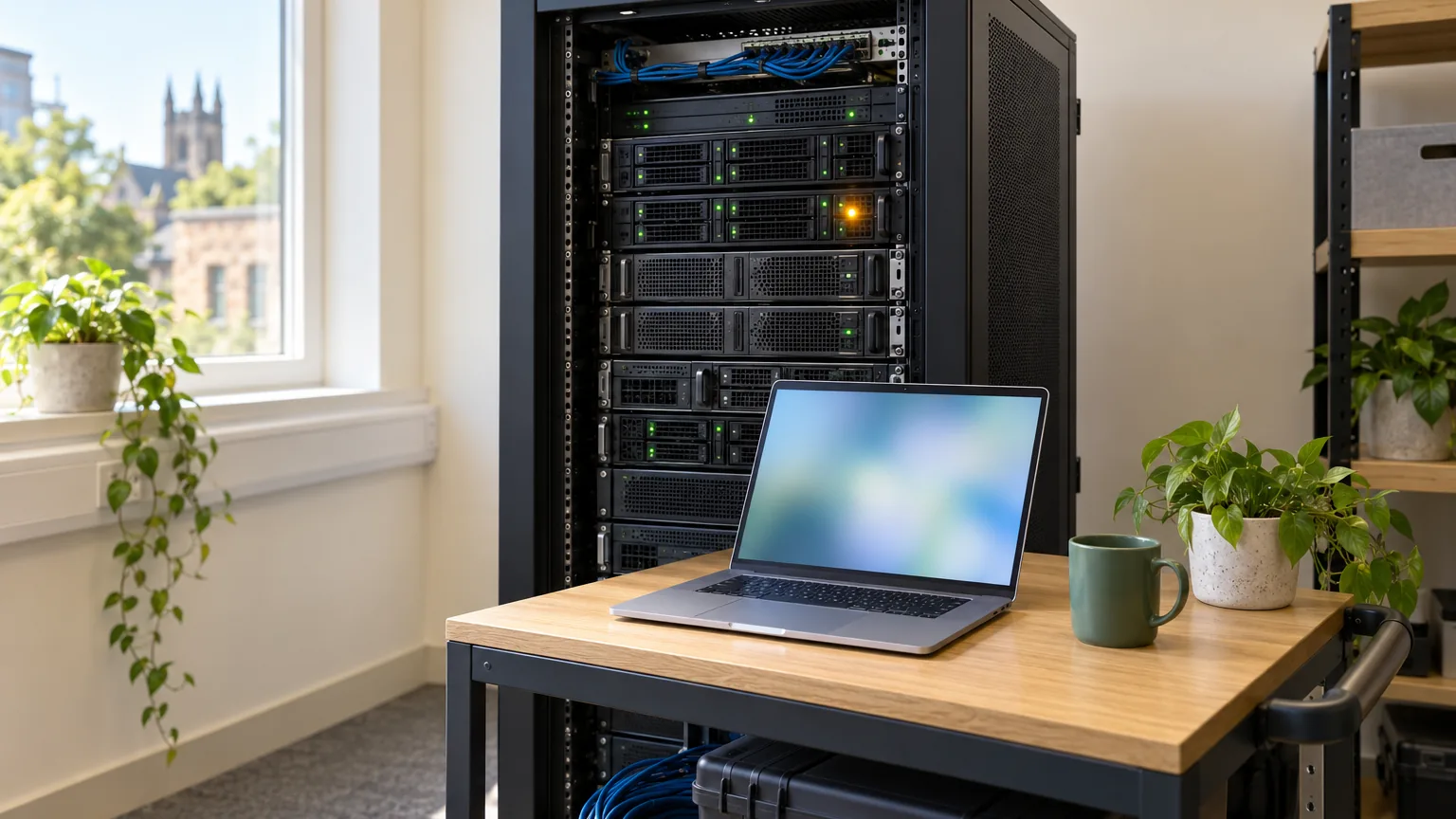 A server rack with one amber status light among green ones, and an open laptop on a wooden cart in front of it in a bright office.