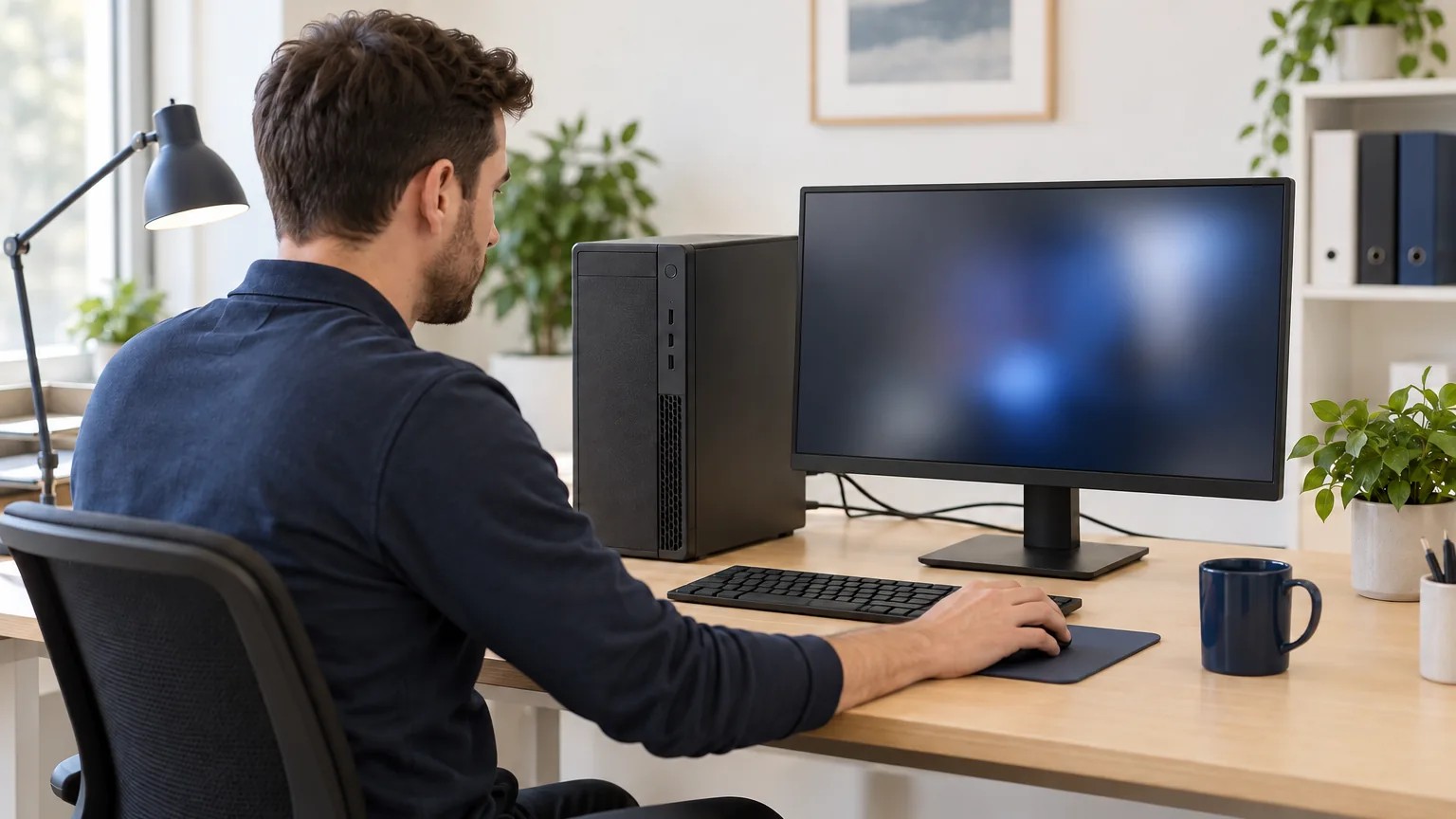 A technician using a desktop computer with a dark blurred screen at a tidy wooden office desk.