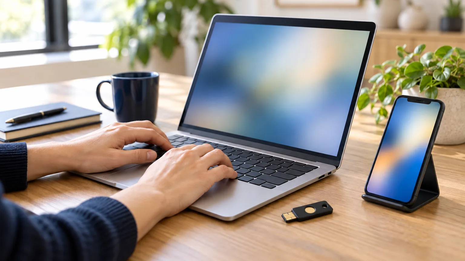 A staff member uses a laptop beside a smartphone and USB security key on a bright office desk.