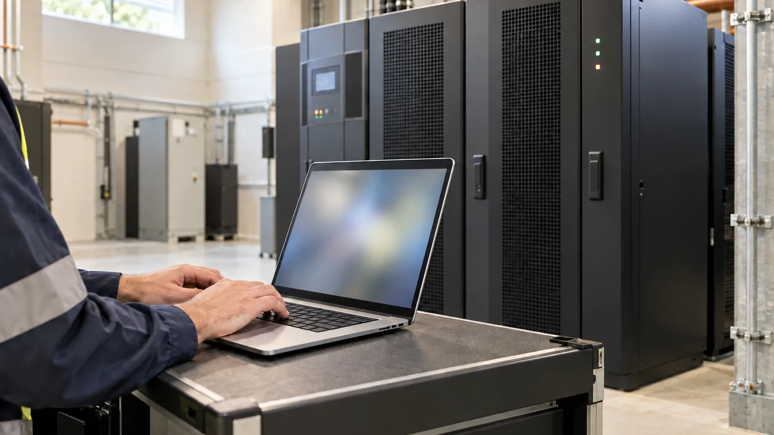 An engineer uses a laptop on a portable work surface beside industrial UPS cabinets in a bright plant room.