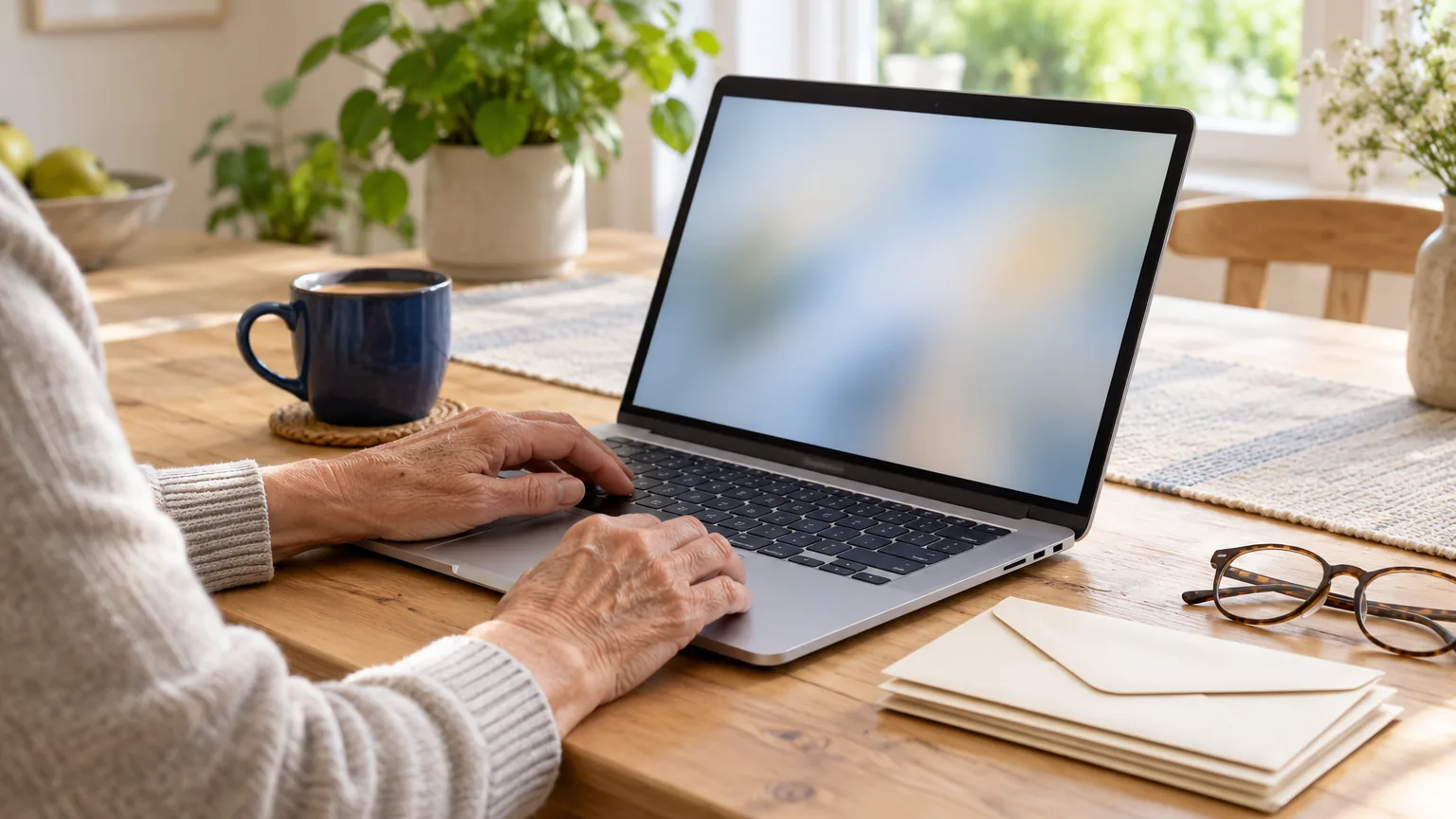 Older hands typing on a silver laptop at a sunlit kitchen table, beside a navy mug of tea, reading glasses and a small stack of plain envelopes.