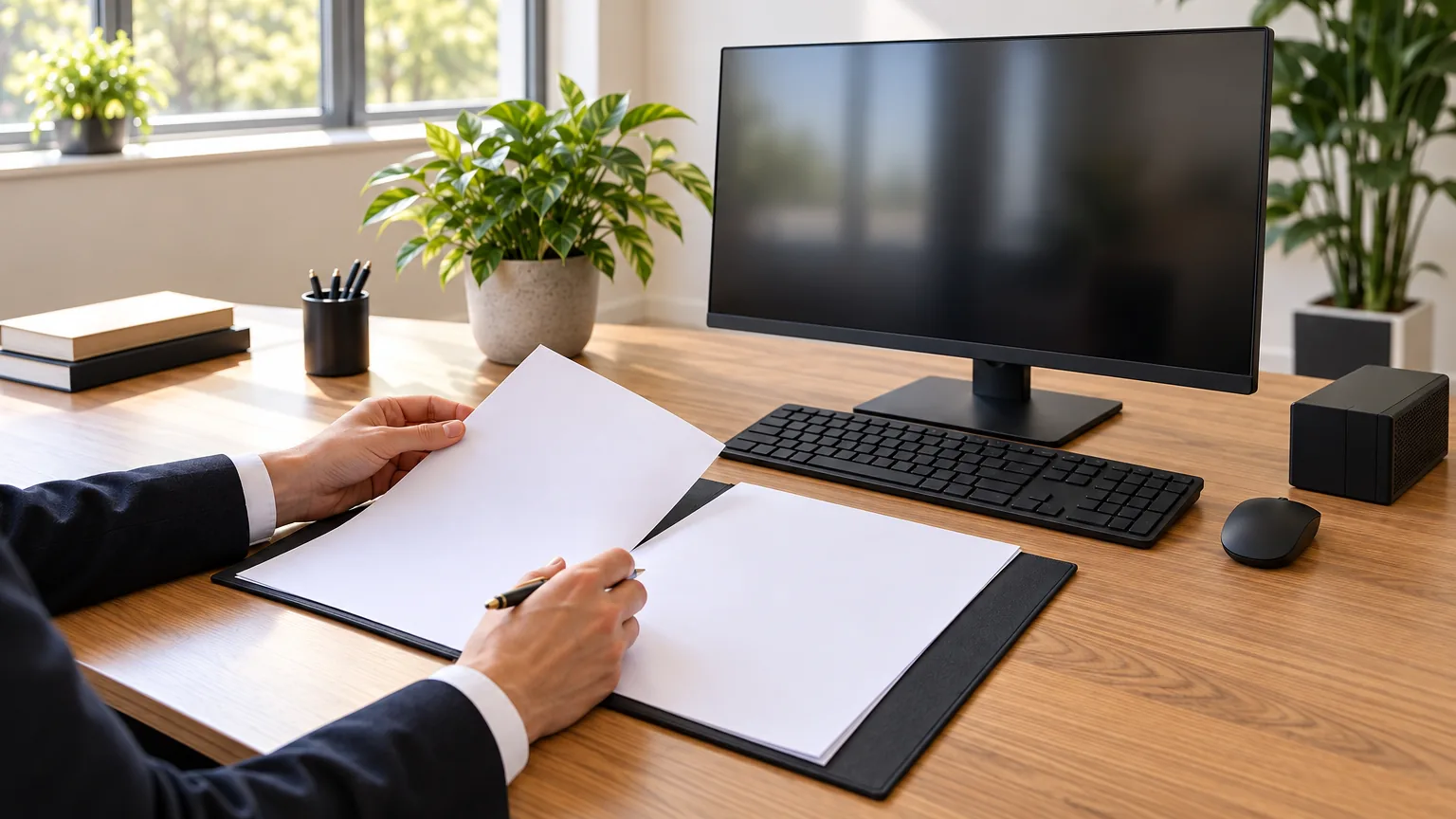 A solicitor reviews papers in an open folder beside a monitor and compact desktop computer in a sunlit office.