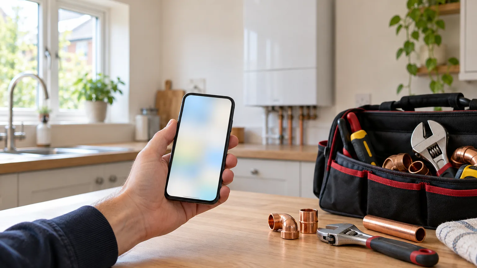 A hand holds a smartphone beside plumbing tools and copper fittings, with a wall-mounted boiler in the background.