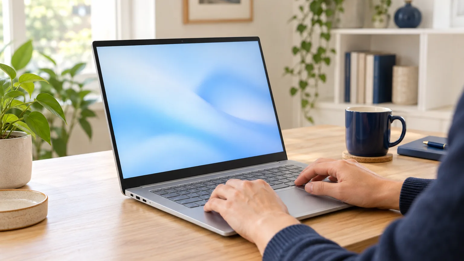Hands resting on a silver laptop with a softly glowing blue screen on a sunlit wooden office desk.