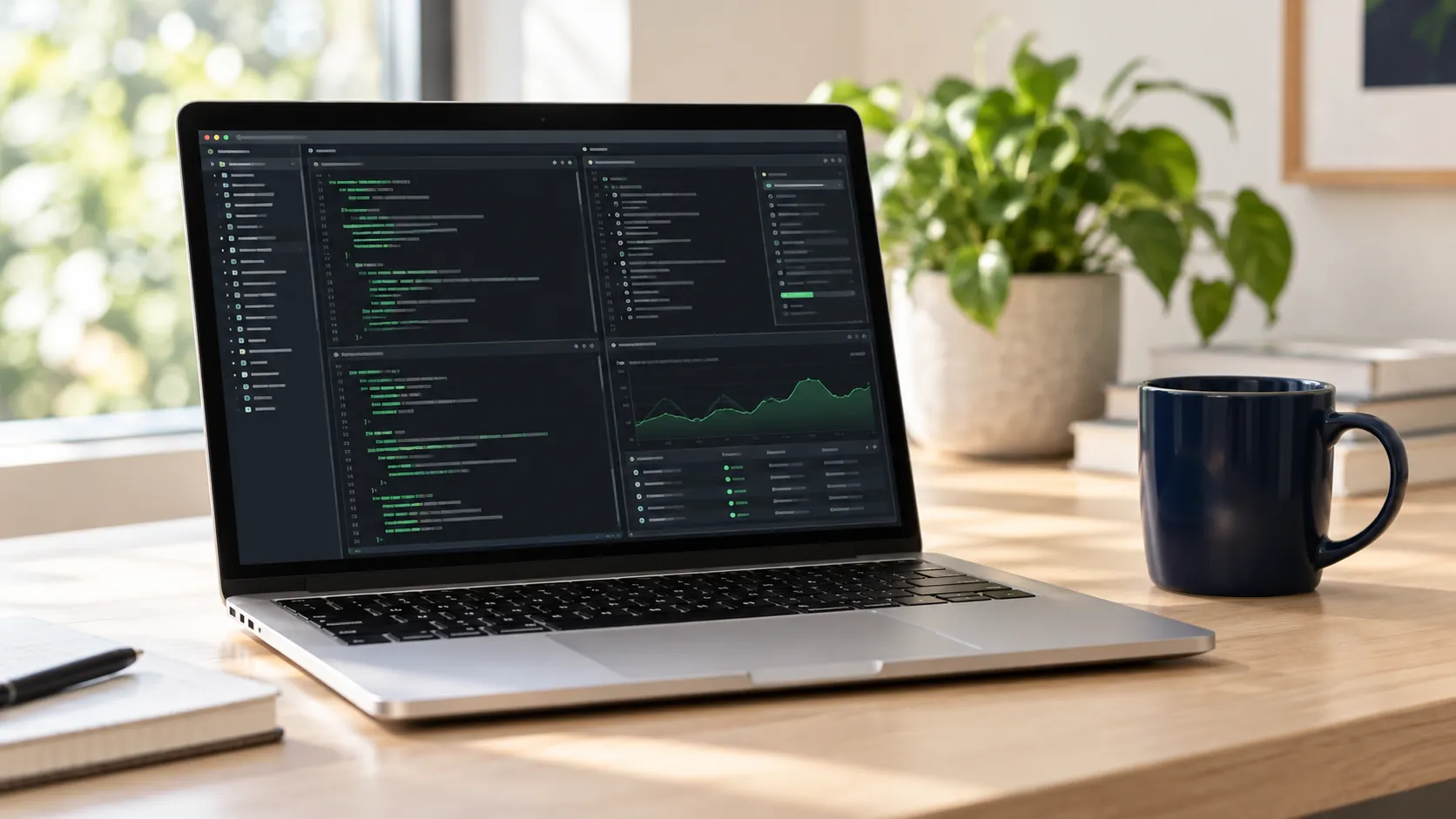 A laptop on a desk showing code and a monitoring dashboard, with a notebook and a navy mug