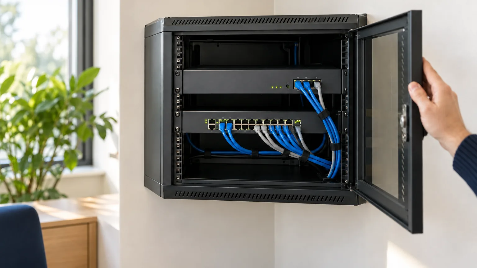 An open wall-mounted network cabinet with a firewall, switch and tidy blue and grey cables, with a hand resting on its door in a sunlit office.
