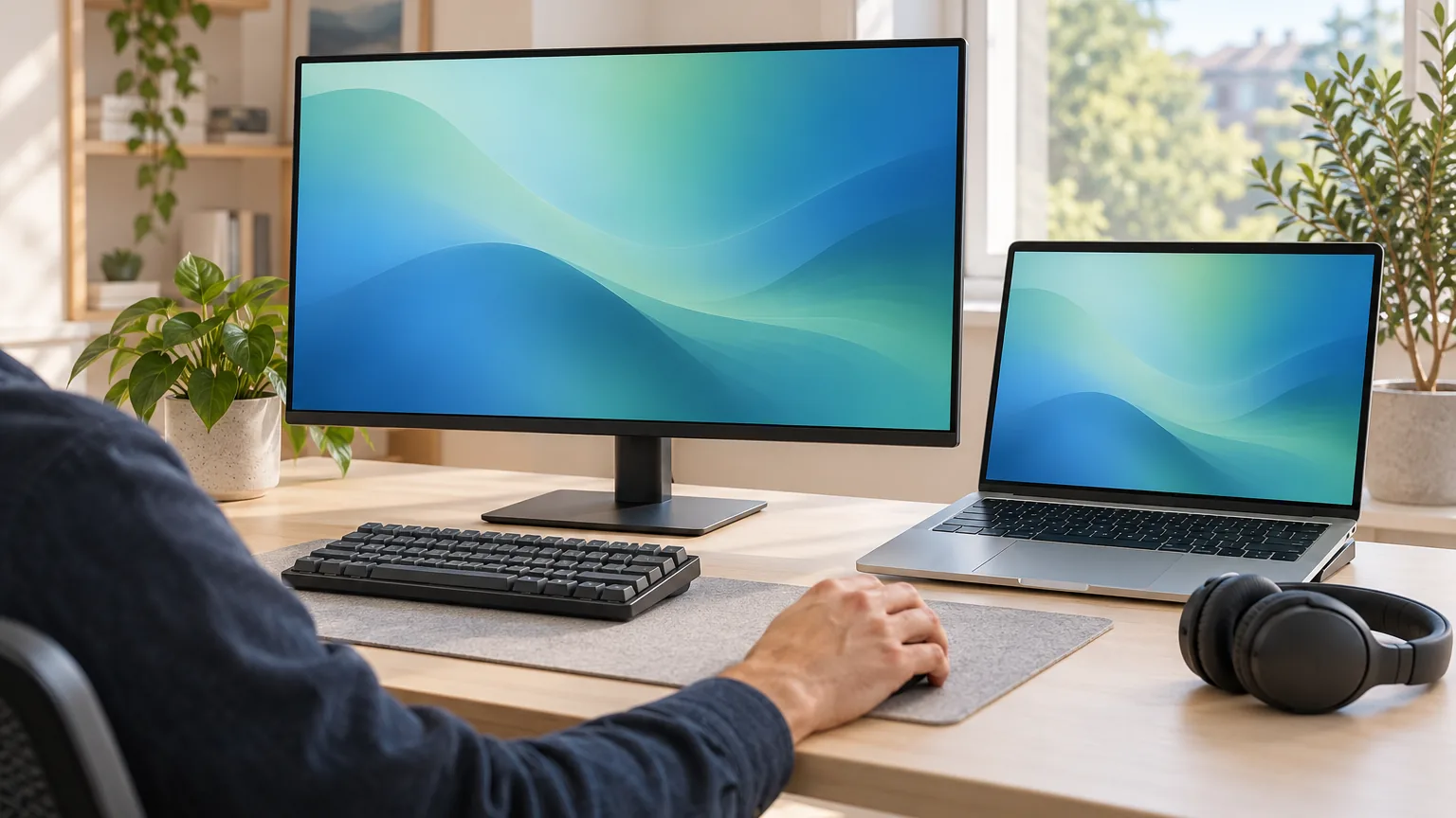 A developer uses a mouse at a bright workstation with a large monitor, silver laptop, mechanical keyboard, headphones and plants.